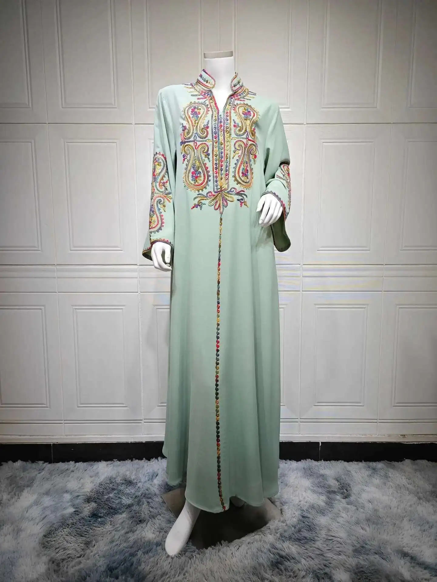 

Clothing Ab458 Muslim Women's Long Sleeve Robe Embroidered Rope Embroidered Dress Jalabiya Ramadan Dubai Luxury Islam Elegant