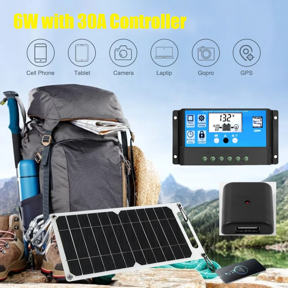 Portable 6W 6V Solar Panel USB Charge IP65 Solar Panel 5V With 30A Controller Outdoor Solar Cell Camping Mobile Phone Power Bank