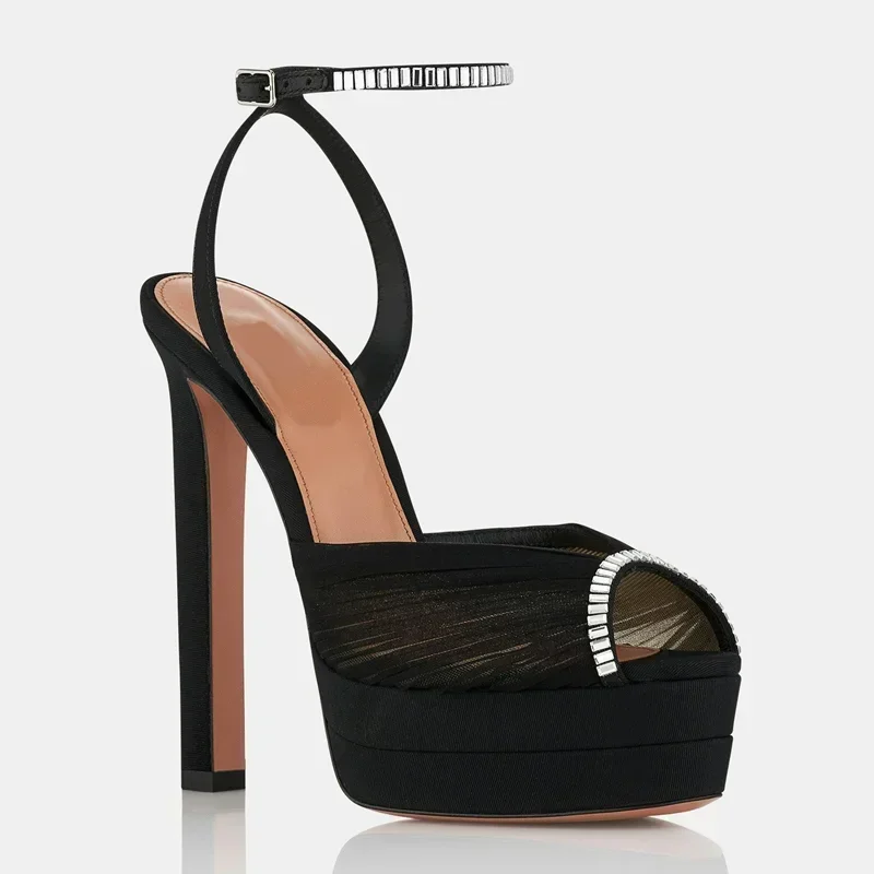 

Platform Crystal Peep Toe Mesh Sandals Sexy Pointed Teo Square Heel New Arrivals Fashion Women Modern Shoes