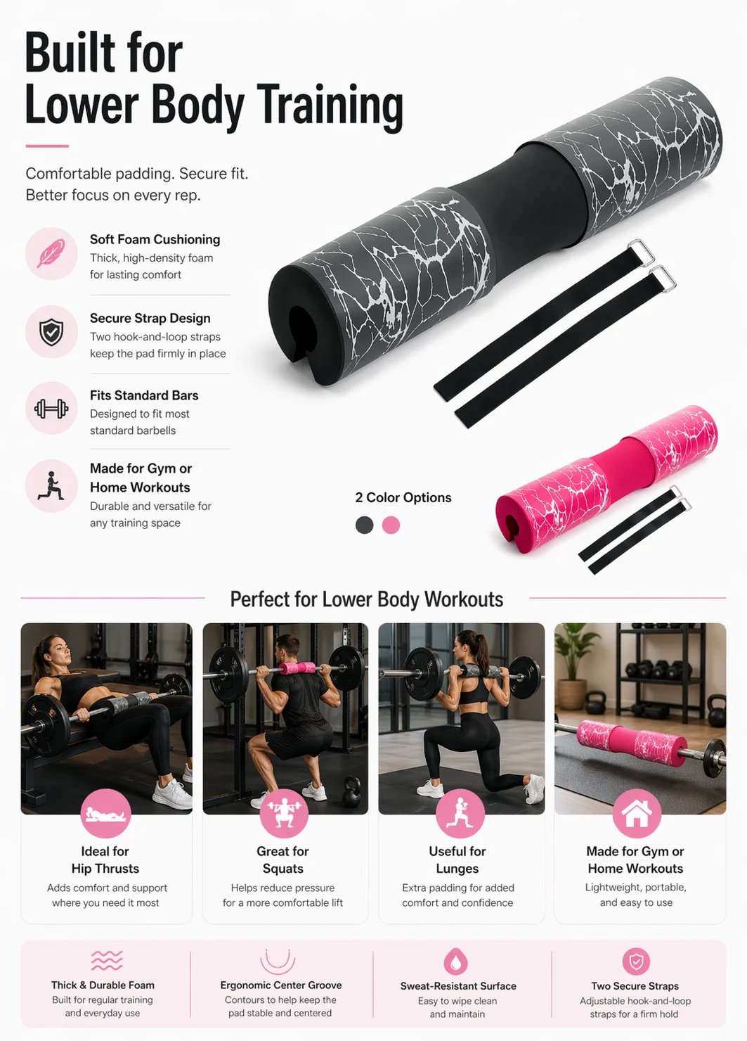 Hantelbank-Schaumstoffpolster mit Nacken- und Schulterstütze und Gurten für Hip Thrusts, Ausfallschritte, Gewichtheben, Gym-Workout, Training und Fitness-Sets – Detail 3