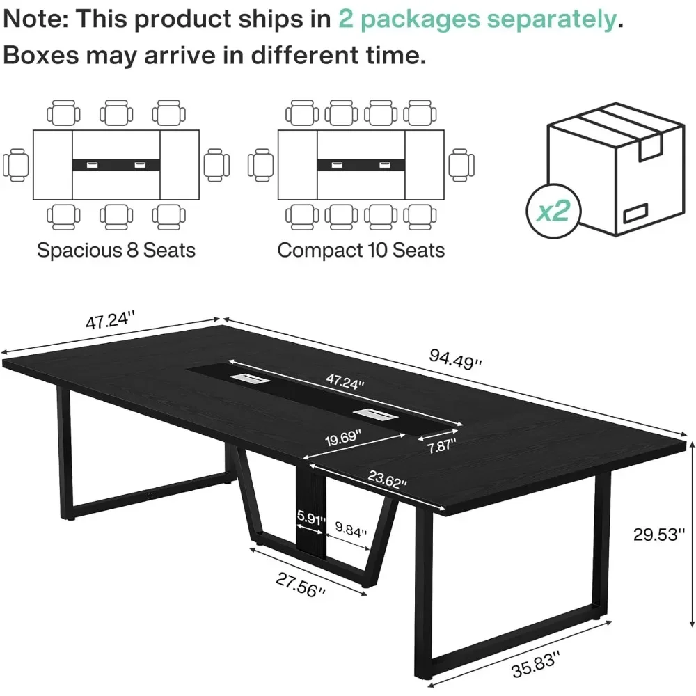 94.5-Inch Conference Table for 10 People, Industrial 8 FT Meeting Table with Two Grommets, Rectangular Podcast Training Table