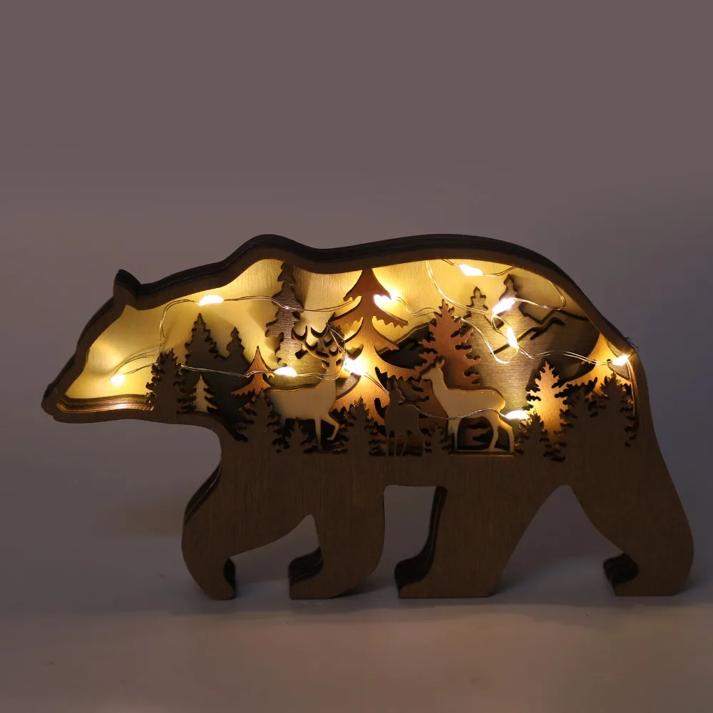 3D Forest Animal Wood Crafts gift Multi Layer Carving Wood Carving Animal Crafts Luminous Decoration with Light