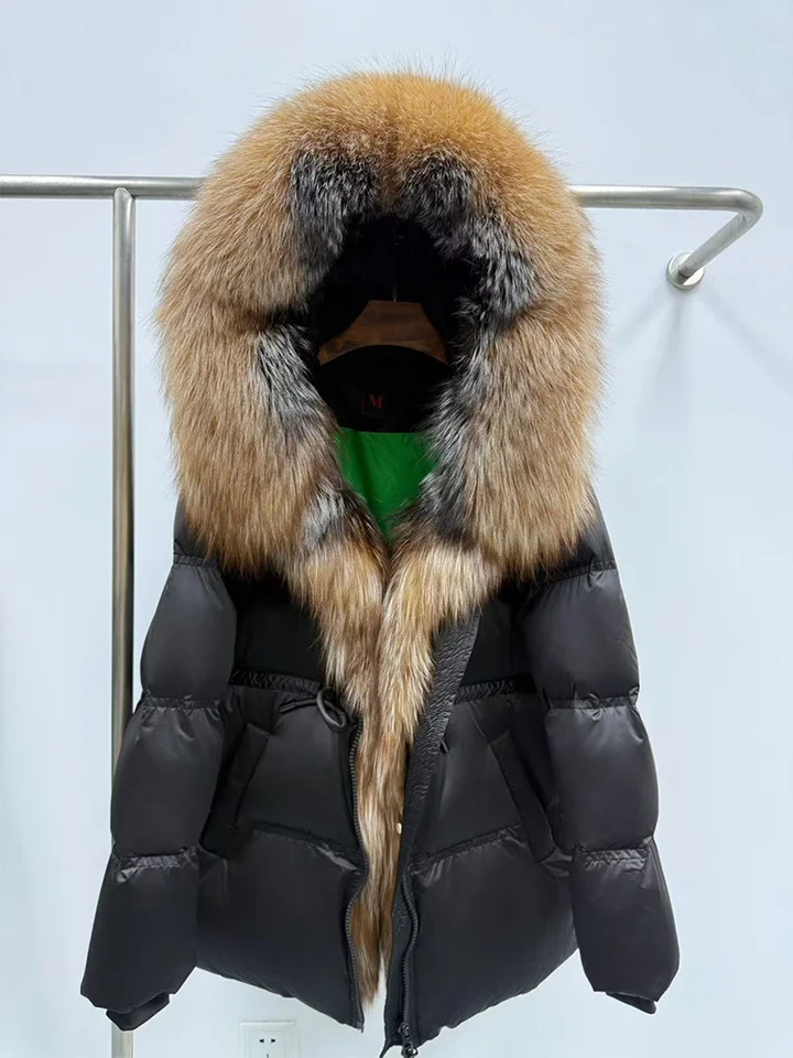 【レア品】frufru Warm Down Coat Jacket Winter Real Fox Fur Collar Hooded Thick Goose Down Jacket Natural