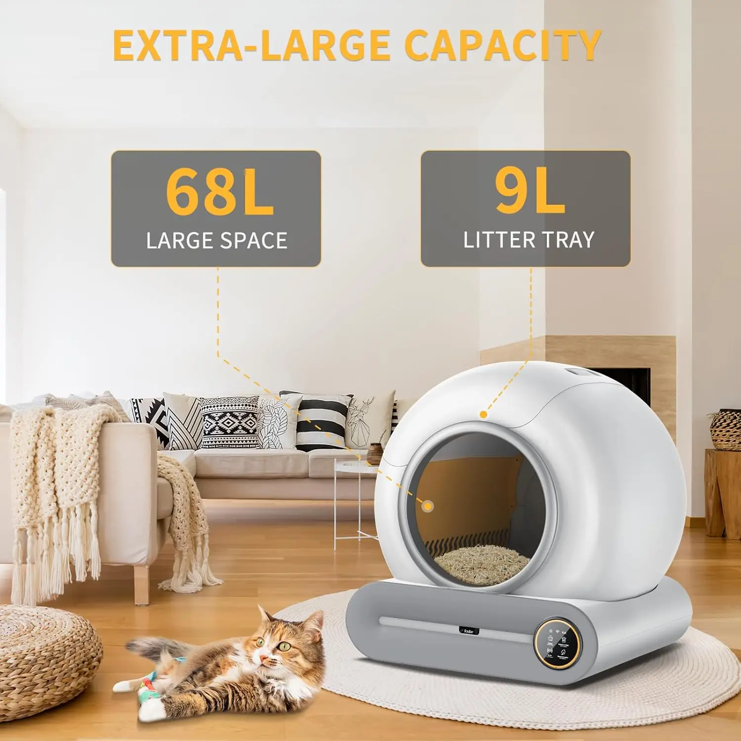 Self-Cleaning Cat Litter Box, Automatic Cat Litter Box Robot for Multi Cats with 65L+9L Extra Large/Odor Isolation/APP Control