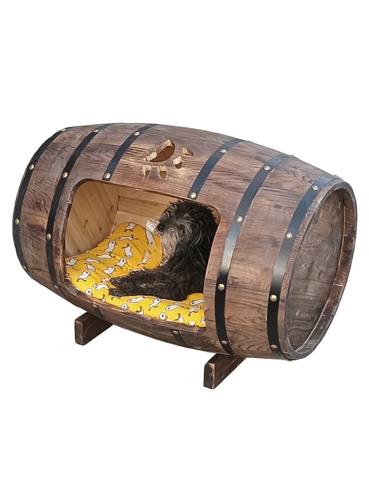 Wooden Barrel Large Dog Kennel Wooden Cathouse Doghouse Antique Semi-Closed Type