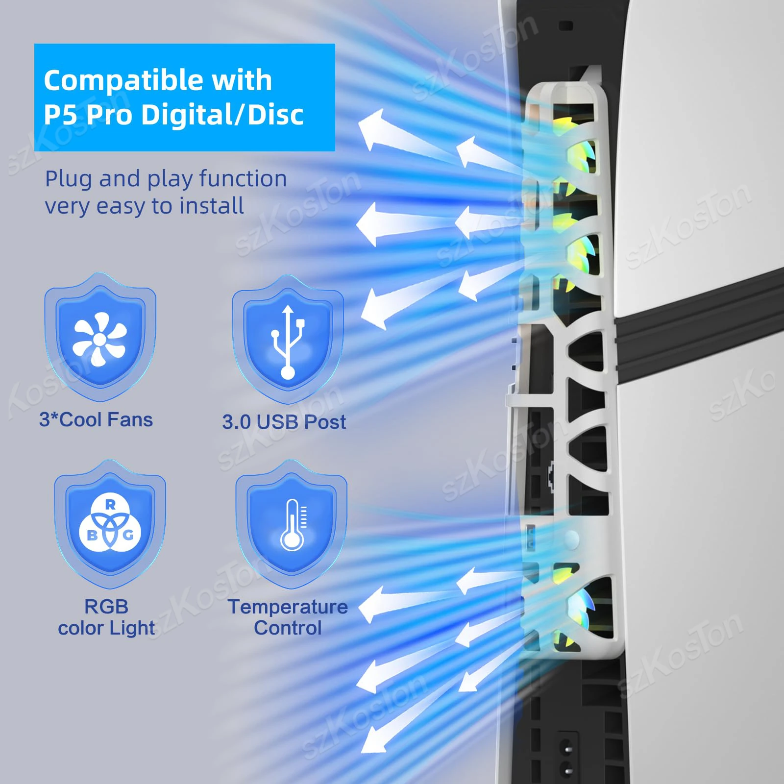 Untuk Konsol PS5 Pro Kipas Pendingin Fungsi Kontrol Suhu Penginderaan Cerdas dengan Pencahayaan RGB Aksesori Gaming Port USB 3.0