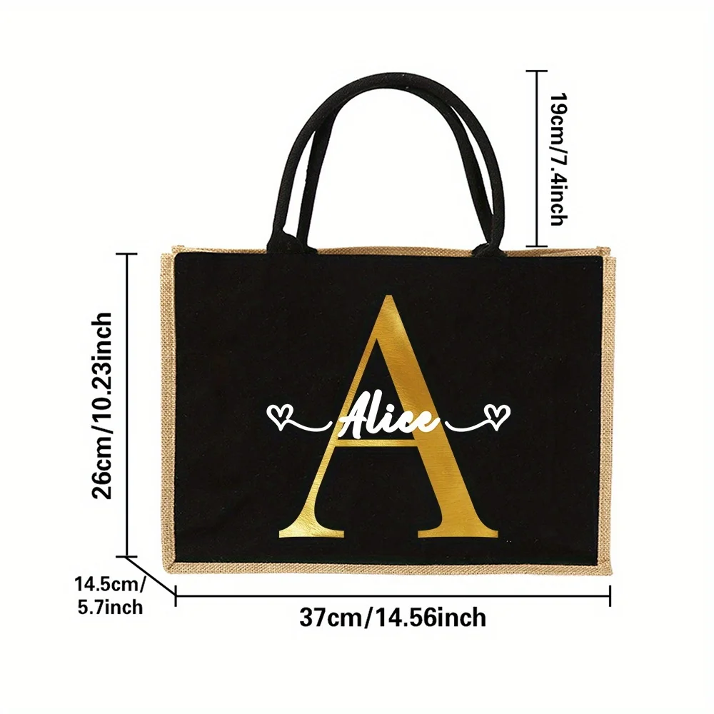 Customizable Name Linen Handbag Linen Handbag Gold Letter Reusable Eco Friendly Grocery Storage Bag Retro Beach Bag