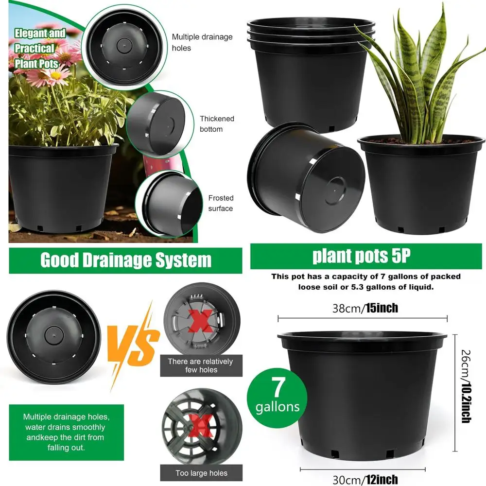 

Набор из 5 черных пластиковых горшков для рассады, 15 дюймов, круглые, с дренажными отверстиями, для комнатных и уличных растений