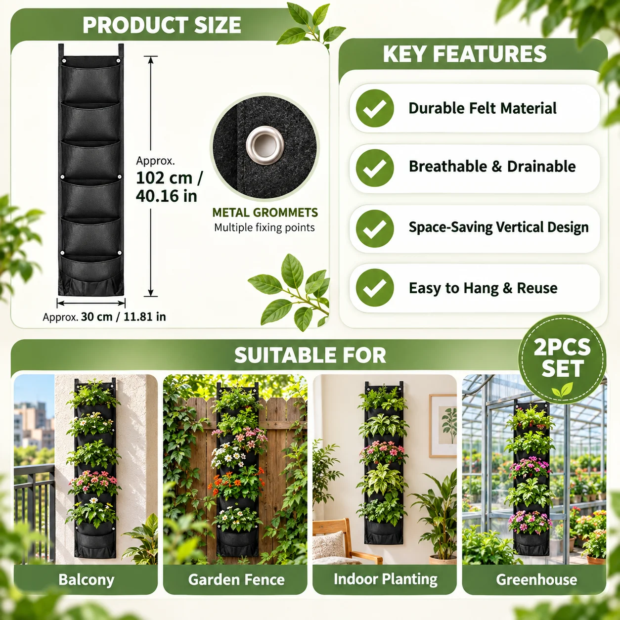 2個入り、7つのポケット付き、防水仕様の壁掛けプランターバッ - Vertical Planter のレビューと価格