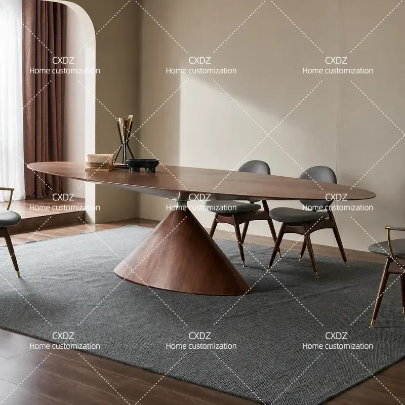 Italian Minimalist Walnut Dining Table and Chairs Set Oval Shape for Villa Modern Art Style Furniture