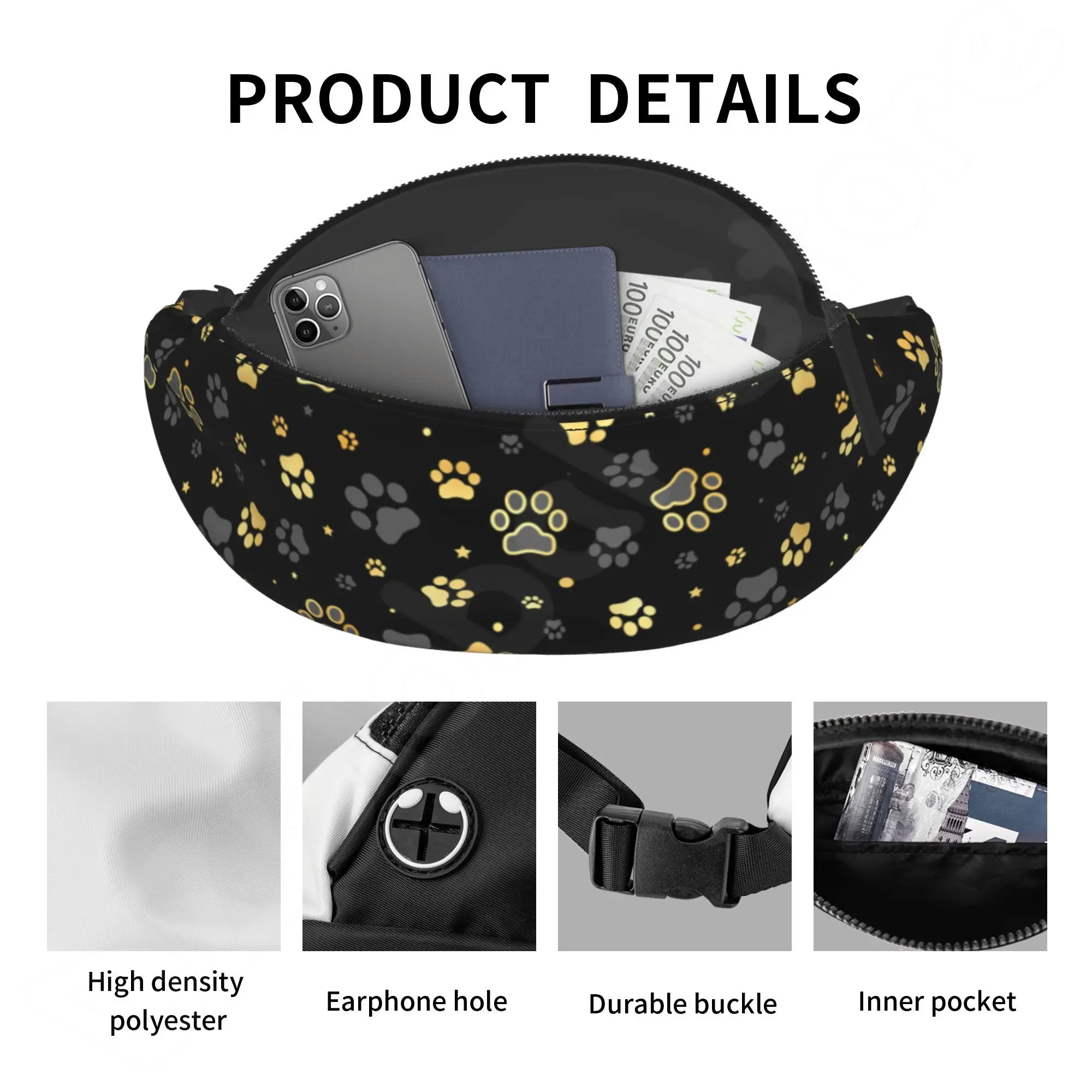 Gold Dog Paw Print Fanny Pack for Men Women Adjustable Belt Bag Casual Waist Pack for Travel Party Hiking Running Cycling