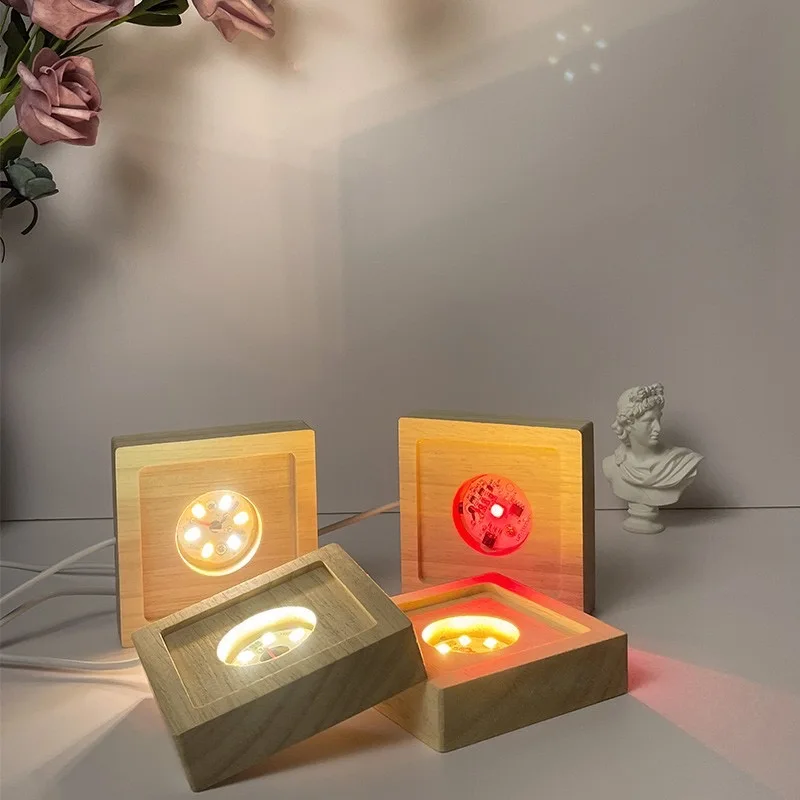 Square Wooden Base Led Lamp Display Stand Holder USB Powered for Crystal Glass Resin Objects