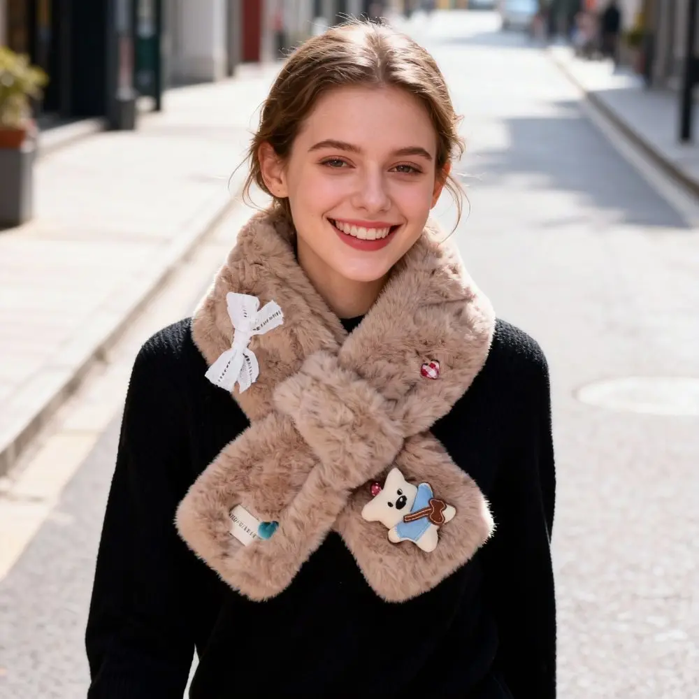 

Милый однотонный шарф с крестом из искусственного меха ягненка, утепленный шейный платок с рисунком медведя, теплый шарф для шеи для девочек