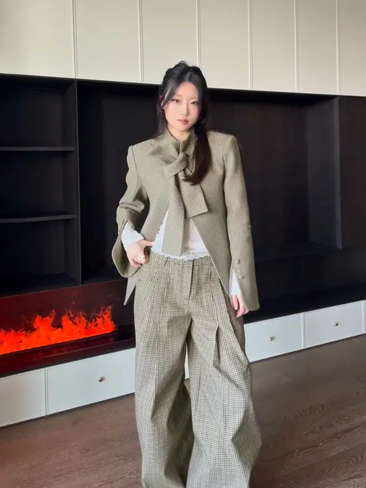 

Retro Style Women's Suit Jacket And Wide Leg Pants Set Autumn Winter Plaid Multiple Buckle Fashion plus Size Ensemble