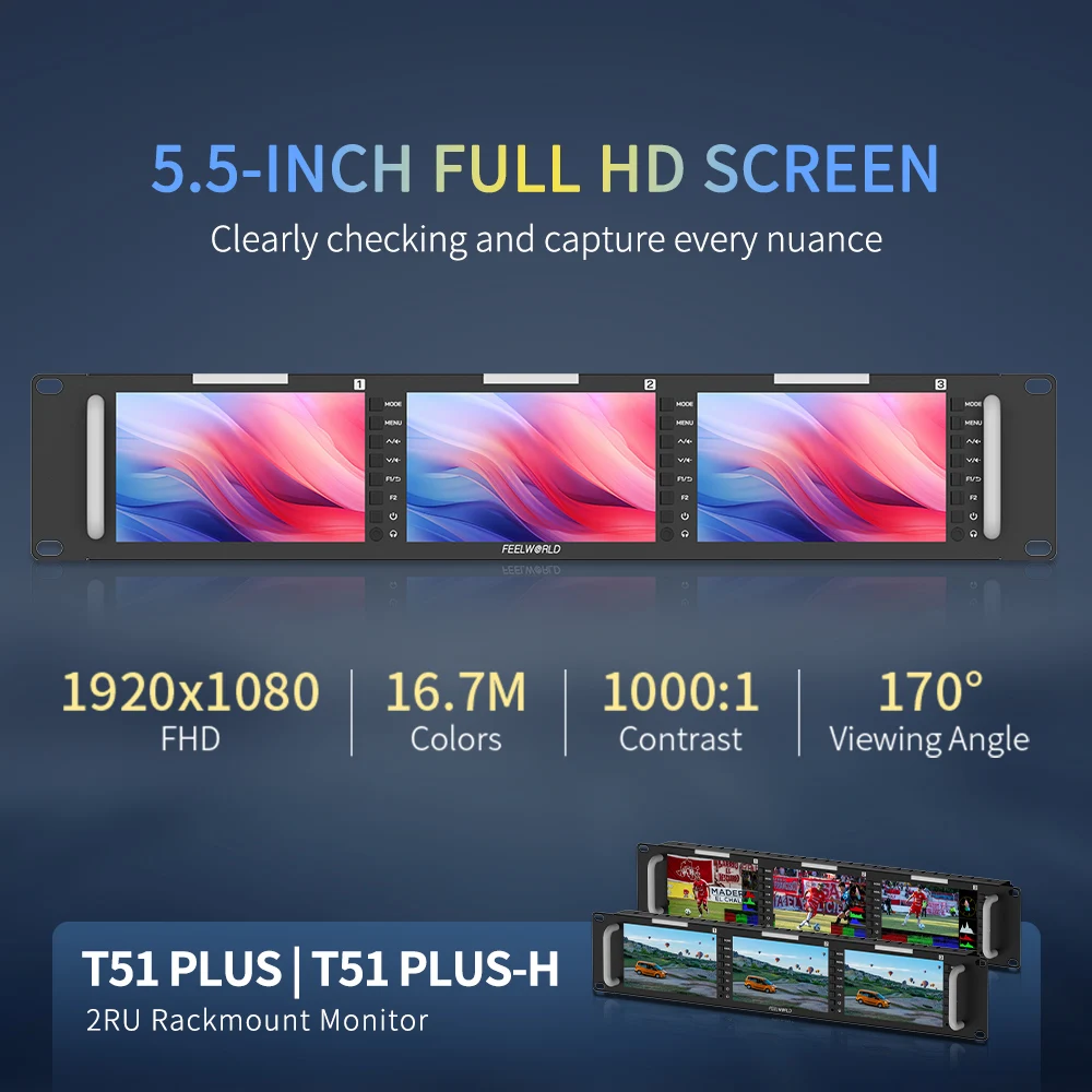 FEELWORLD T51 PLUS المهنية رف جبل مراقب رف جبل رصد الثلاثي 5.5 "2RU كامل HD SDI/HDMI/AV I/O OEM المصنع مباشرة