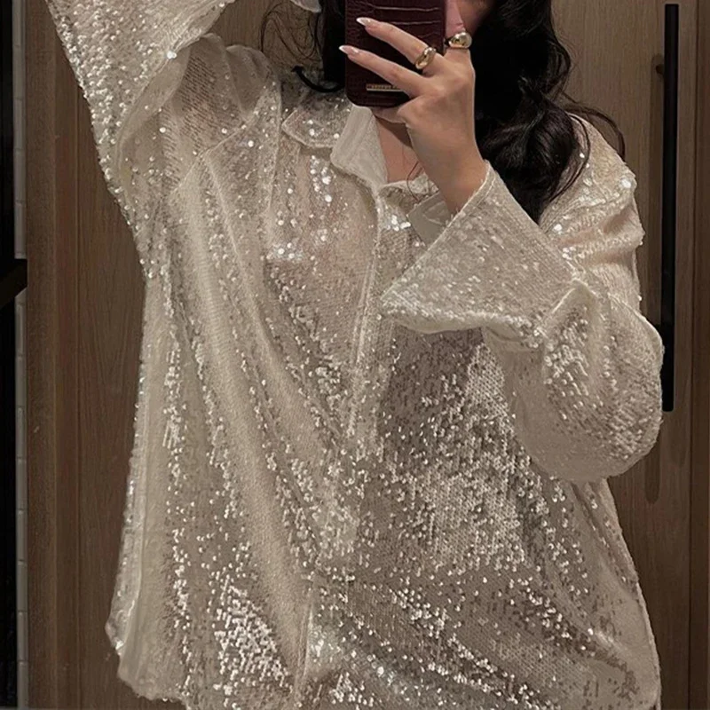 2024 Fashion Sliver Sequins Glitter Loose Style Shirt Casual Long Sleeve Lapel Neck  Single-Breasted Female Tops Hot Sale Spring