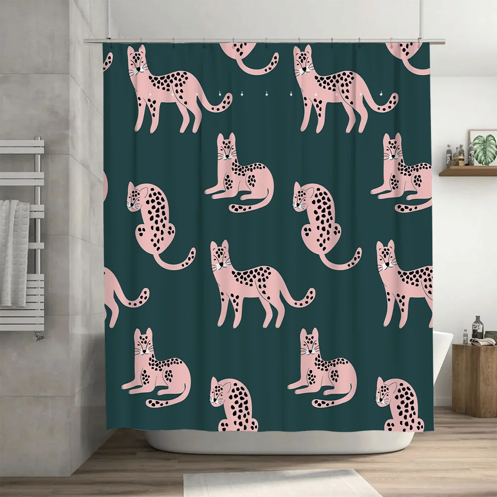 Pink Leopard Print Shower Curtain Set for Bathroom Decor Modern Green Background with Black Spots Cat Design Pattern Cover with view 3