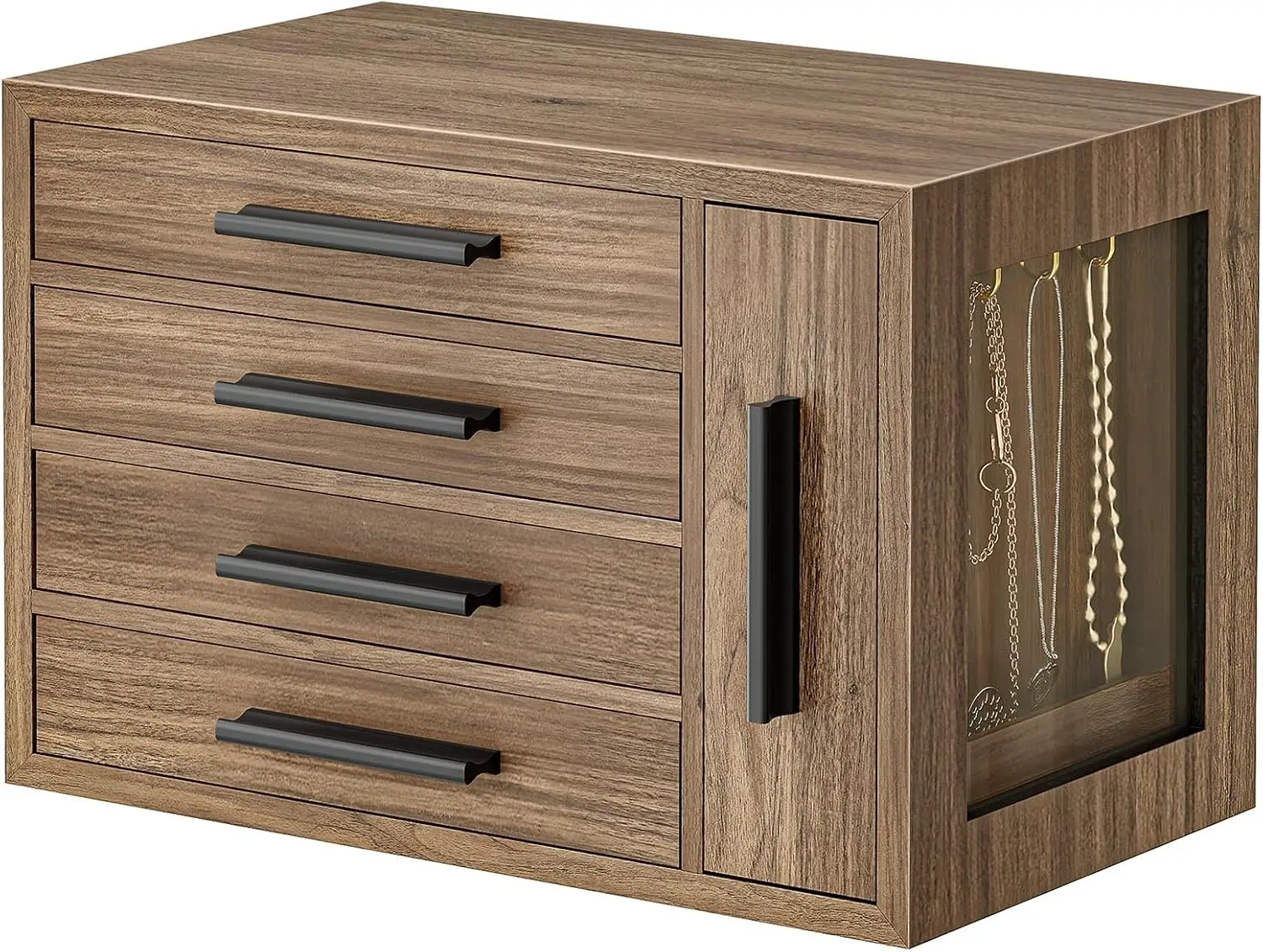 Jewelry Box for Women, Wooden Jewelry Organizer with Transparent Window, 4-Layer Jewelry Organizer Box, Jewelry Holder Organizer for Earrings, Necklaces, Rings, Light Walnut and Black BSD09JB04