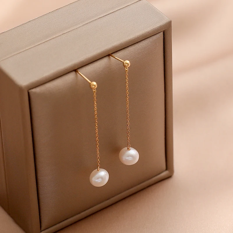 

Lii Ji Real Pearl Stud Earrings Long Chain Link Stud Women Earrings luxury earrings for women