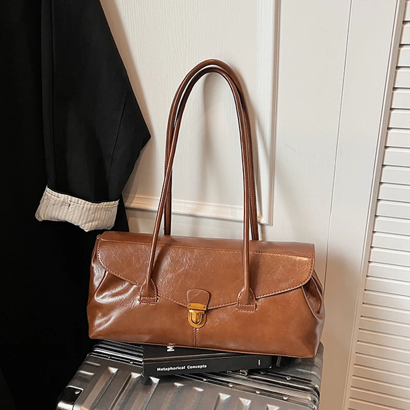 

PU Leather High End Vintage Underarm Bags for Woman Winter New Flap Rectangle Solid Color Handbag Light Luxury Red Bag with Lock