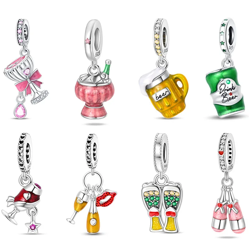 

925 Sterling Silver Sweet Wine Beer Glass Cup Charms Pendant For Women Fit Original Bracelet DIY Birthday Party Jewelry Gift