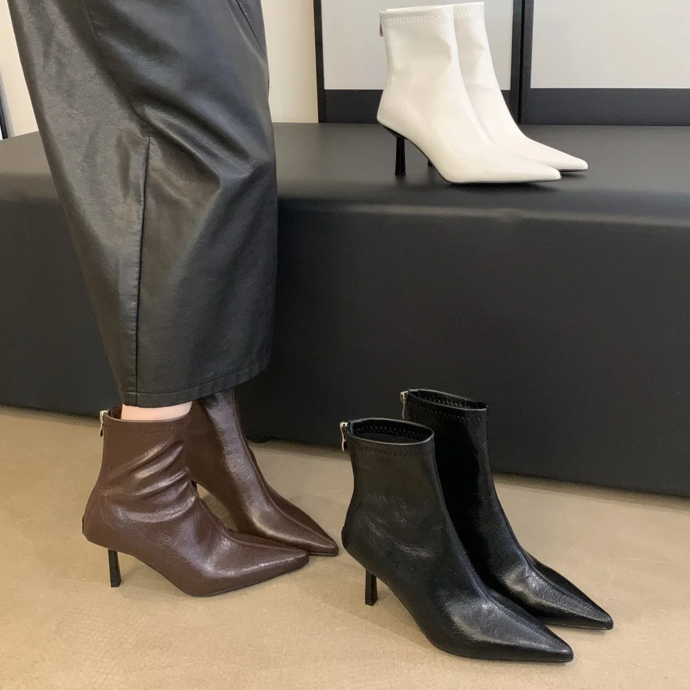 

Winter New Ladies Fashion Ankle Boots Simple Pointed Toe Zipper Stretch Party Warm High Heel Short Boots Women