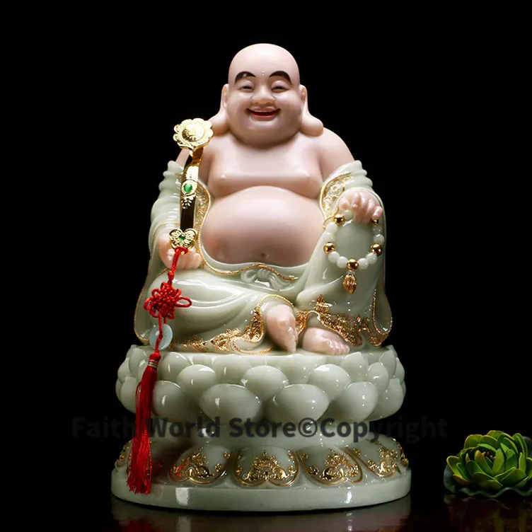 30cm LARGE- high-grade home shop TOP efficacious Talisman Mascot Maitreya smile Buddha jade gilding carving Sculpture statue