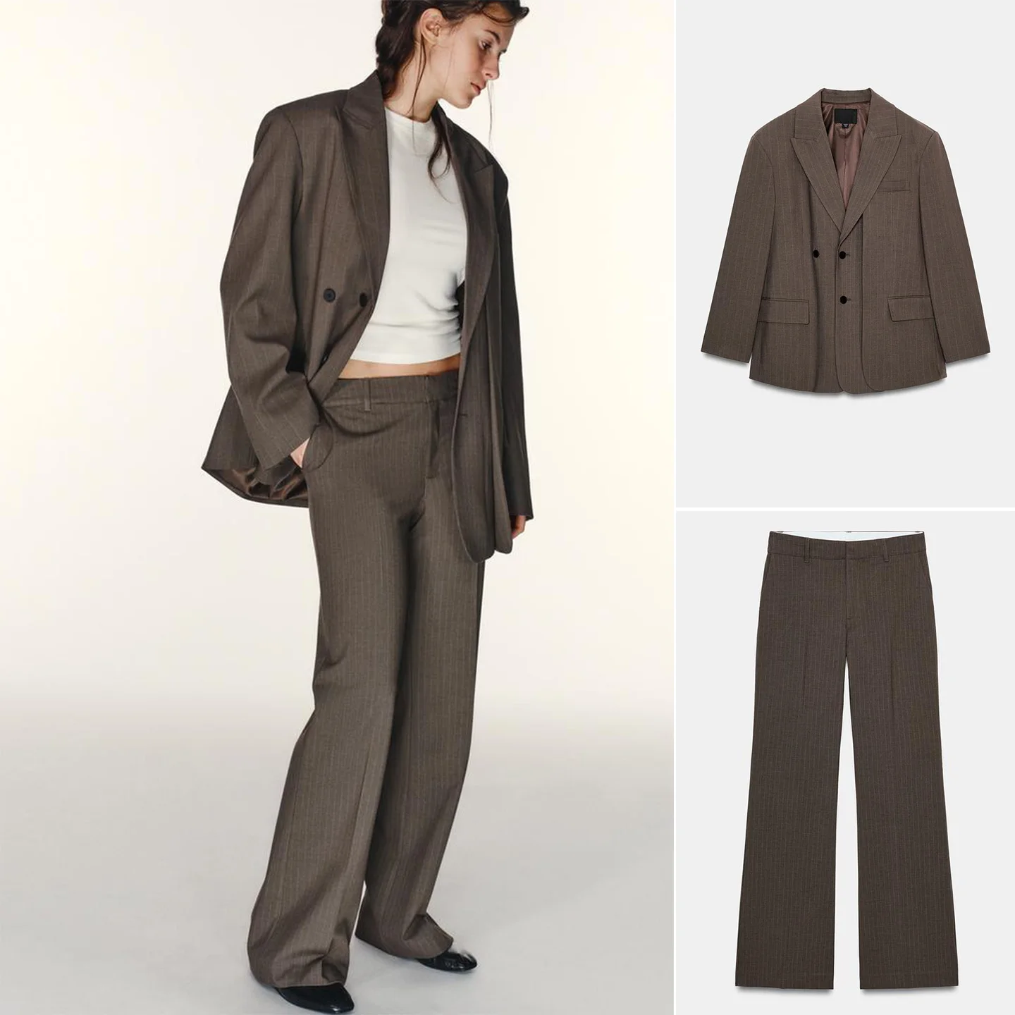 

Костюмный пиджак с длинными рукавами, подплечниками и вырезанными лацканами, брюки в полоску с прямым кроем и средней посадкой, профессиональный женский костюмный комплект