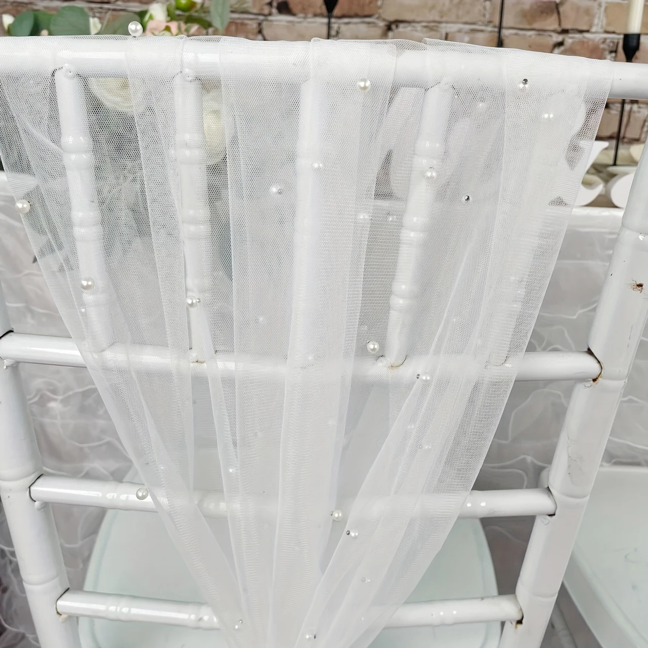 2pcs Pearl Tulle White Chair Sashes 75x200cm Long Aisle Wedding Chair Back Side Decorations Sheer Church Tulle Chair Drapes Bulk