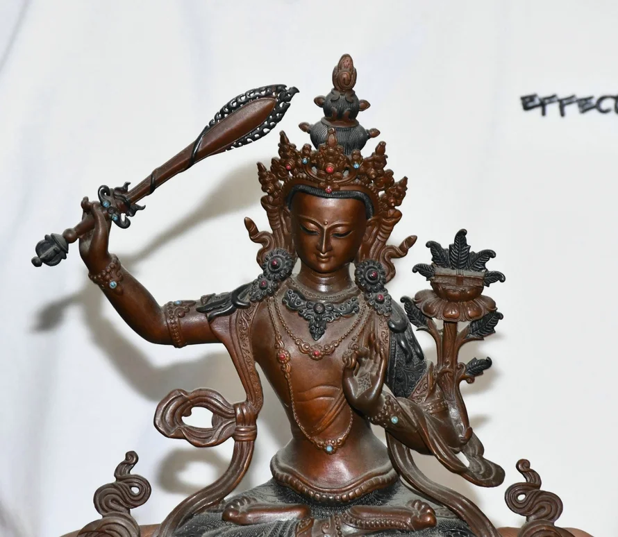 9.4'' Old Tibet Pure Bronze Sit Wenshu Manjushri Hold a Sword Buddha Statue