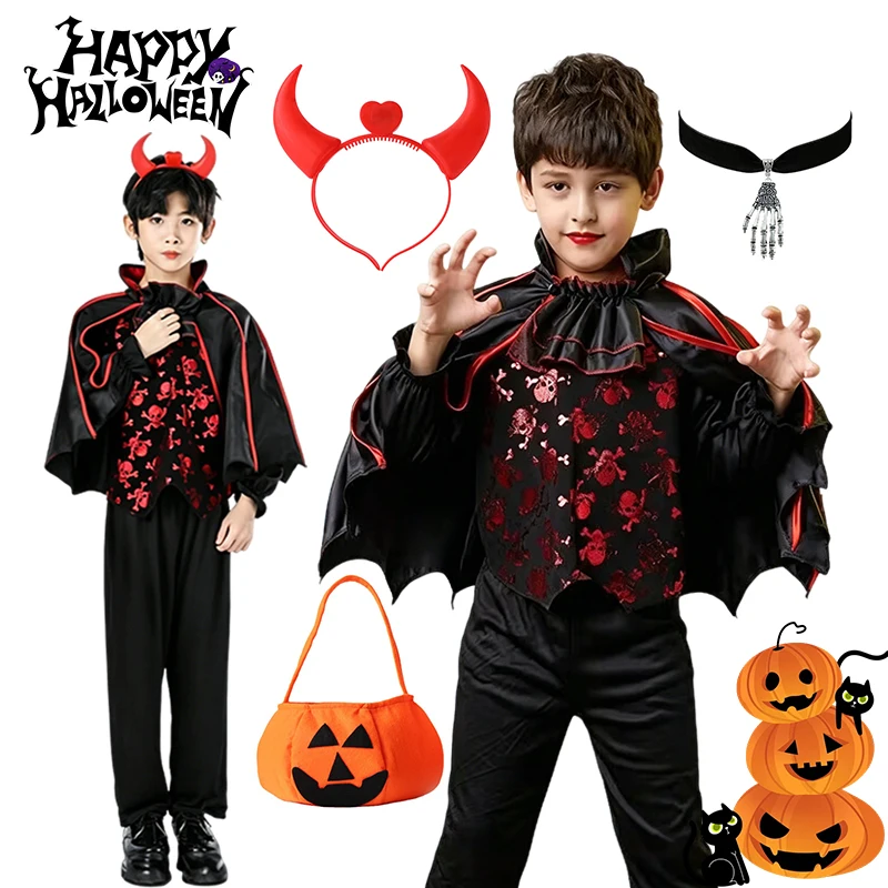 Kids Boys Vampire Bat Cosplay Costume Black Red Cape Set with Full Accessories for Halloween Theme Party Stage Performance