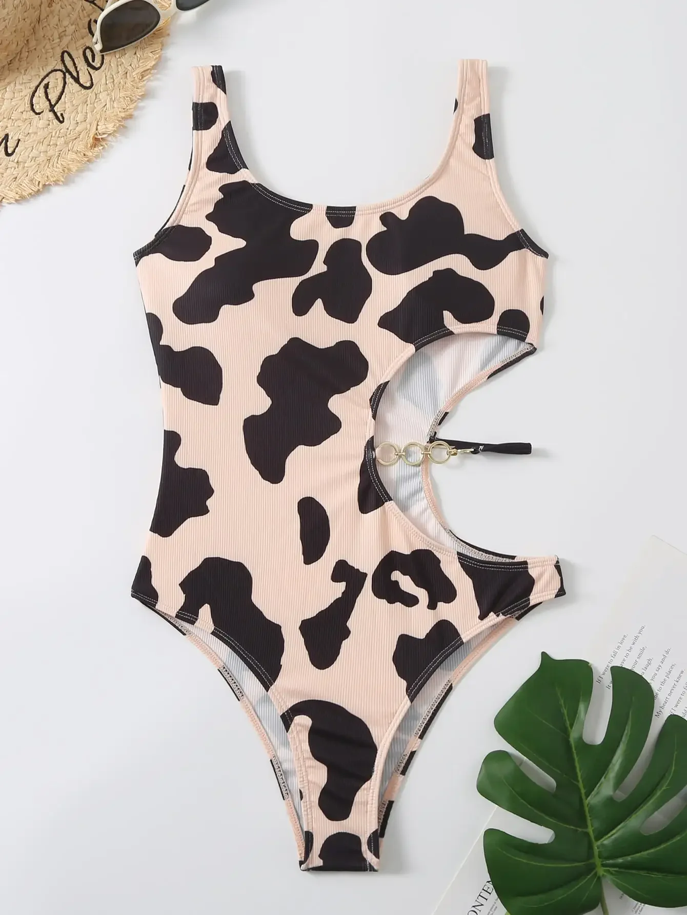 2025 Cow Print Rib Cut-out One Piece Swimsuit Ring Link Swimwear Women Bathing Suit Female Swimming Summer Beachwear Bodysuit