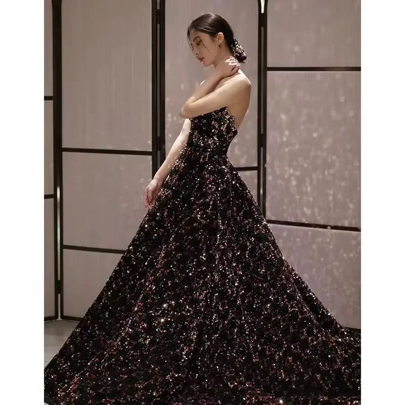 Robe de Soirée Élégante Noire à Paillettes pour Femme, Tenue de Bal de Luxe, Grande Taille