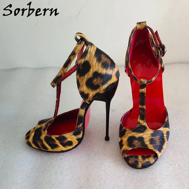 

Sorbern Leopard Brown 14Cm Metal High Heel Sandal T-Strap Ankle Straps Open Toe Stilettos Prom Party Shoes Summer Heeled Custom