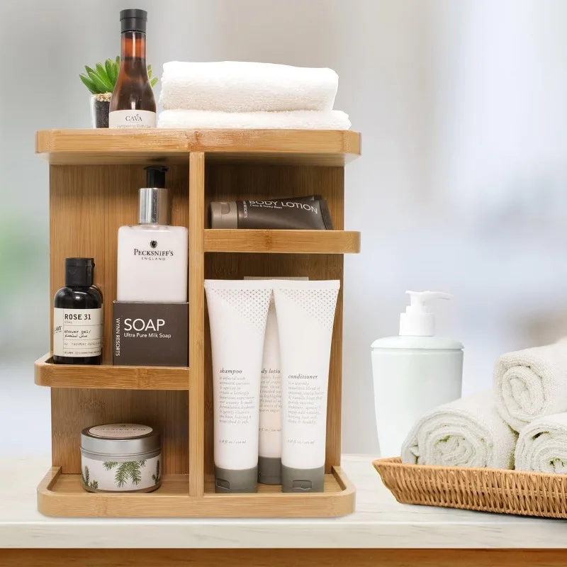 

360° Makeup Organizer - Bamboo Wood Make Up Storage Carousel For Cosmetics, Skin Care Rotating Makeup Organizer For Vanit