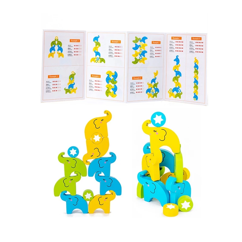 Bloques de construcción de elefante de madera para niños, juego de apilamiento de equilibrio, rompecabezas educativo temprano