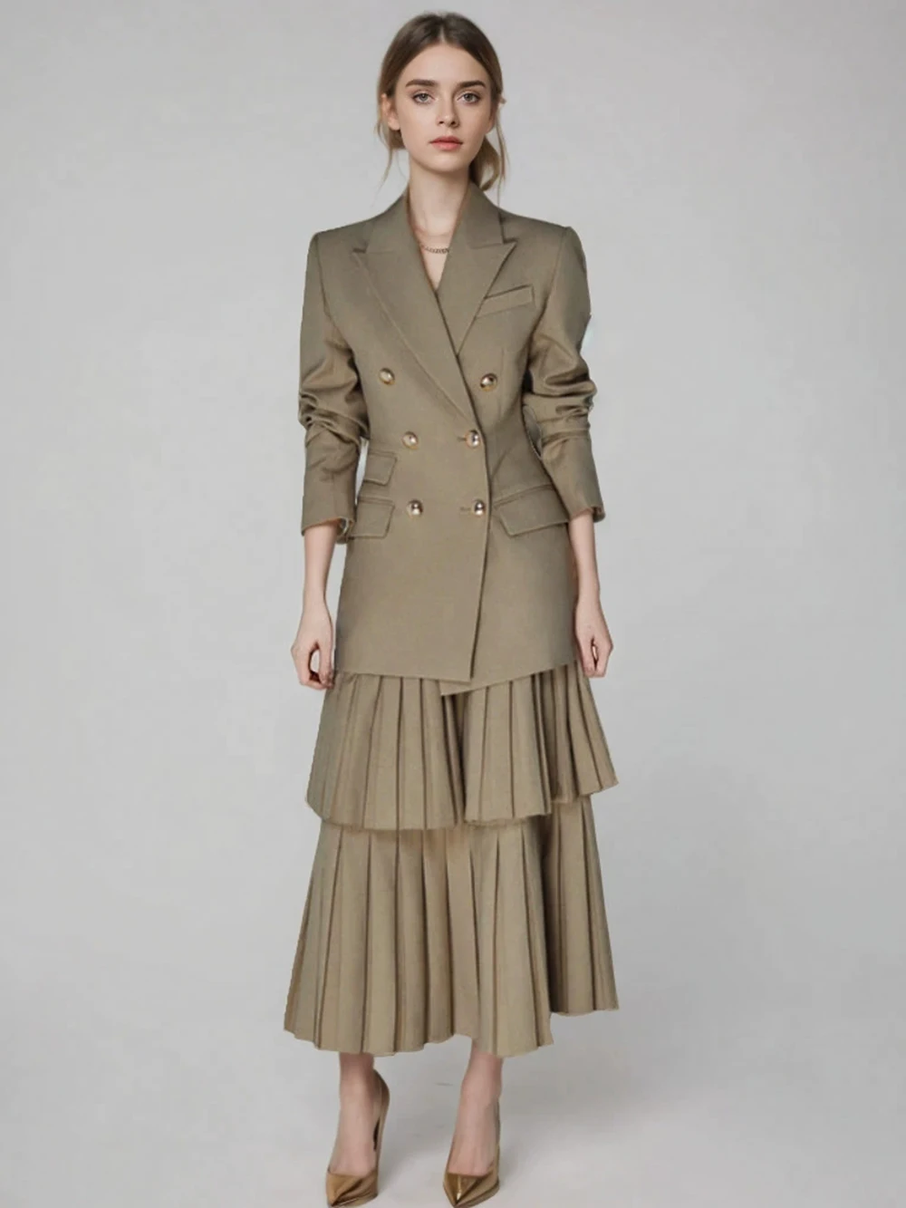 

Elegant And Sophisticated Set Women's Spring New Double Breasted Suit Jacket Pleated Half Skirt Two-piece Set