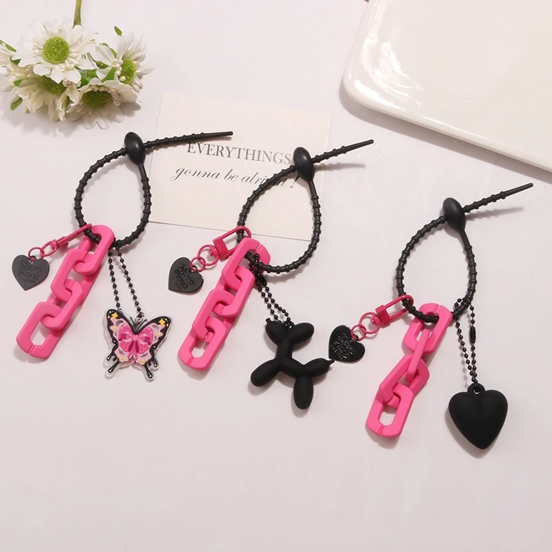 INS Punk Cute Balloon Dog Resin Key Chain Cartoon PU Black Heart Chains Keyring Car Bag Phone Pendant Keychain for Women Couple