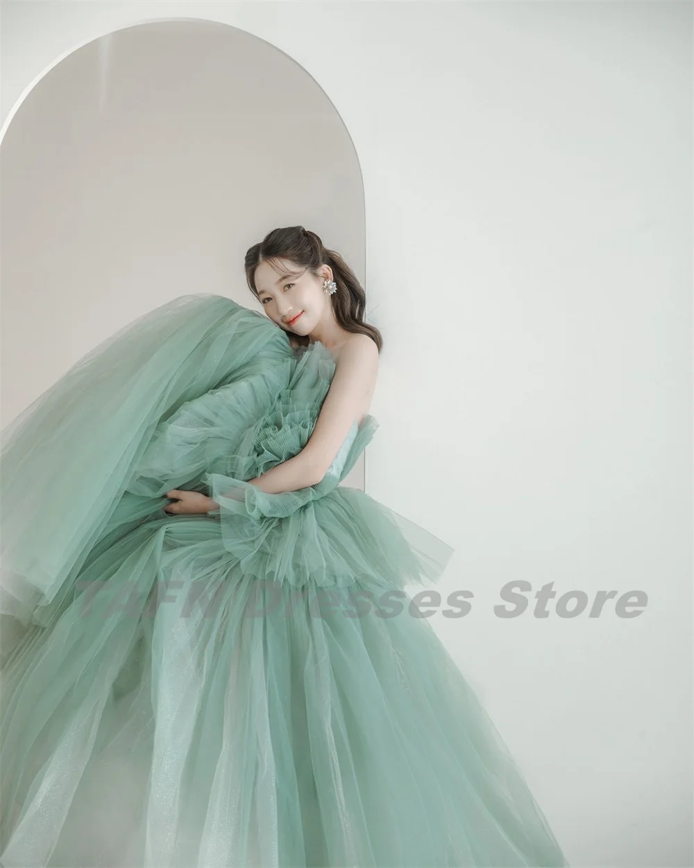 TAFN Mint Green Korea Wedding Dresses A-line Pleat Tulle Ball Gown Strapless Flower Bridal Gown Photo Shooting Custom Made