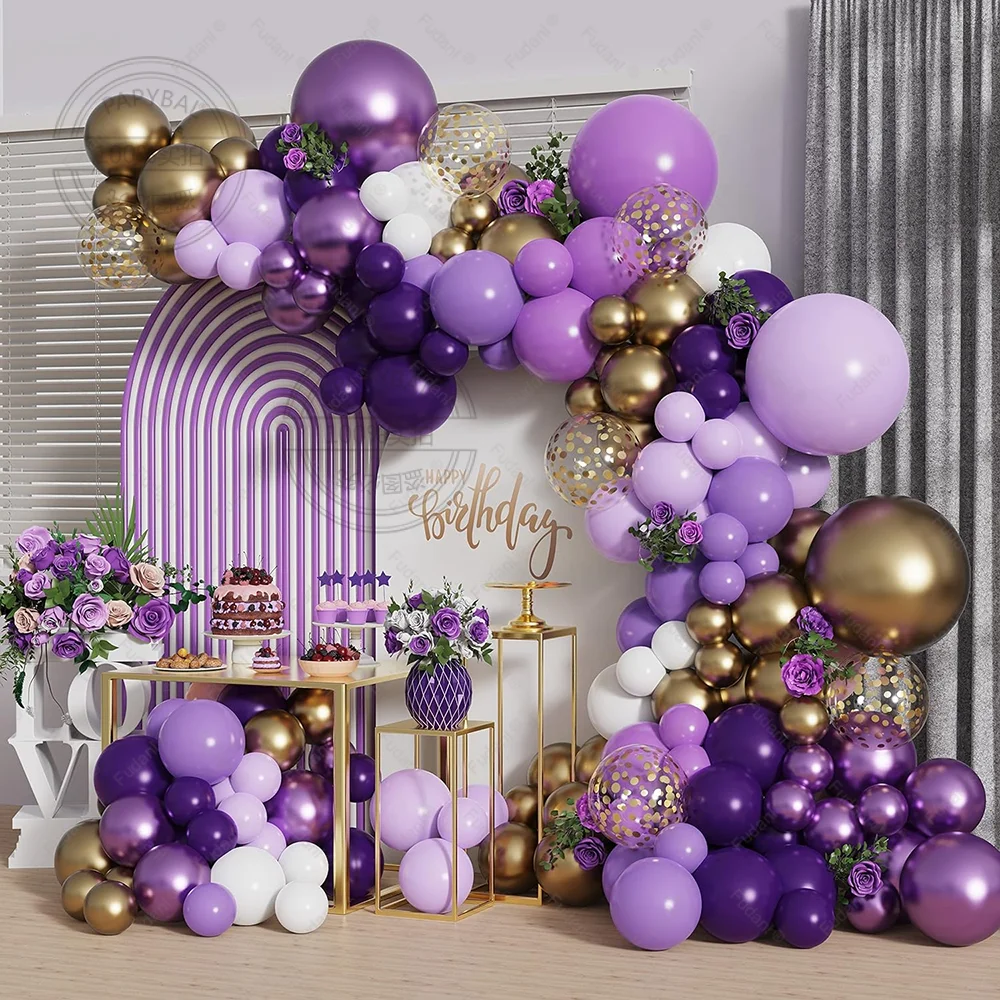 147Pcs Purple Gold Arch Set Latex Balloon Suitable for Baby Shower Childer Birthday Party Gender Disclosure Background Decor