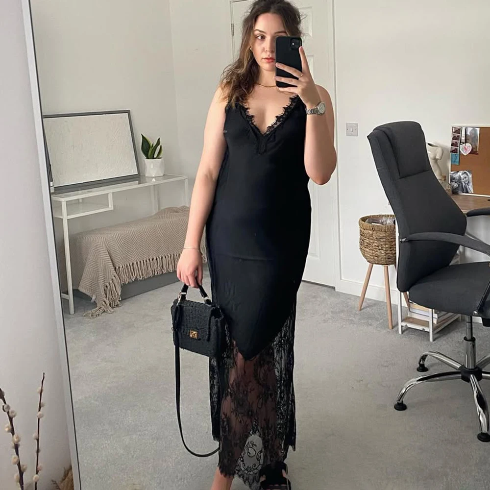 Ticketsx Sexy Lace Patchwork Dress Women V Neck See Through Sleeveless Long Dress Elegant High Street Backless Evening Dress