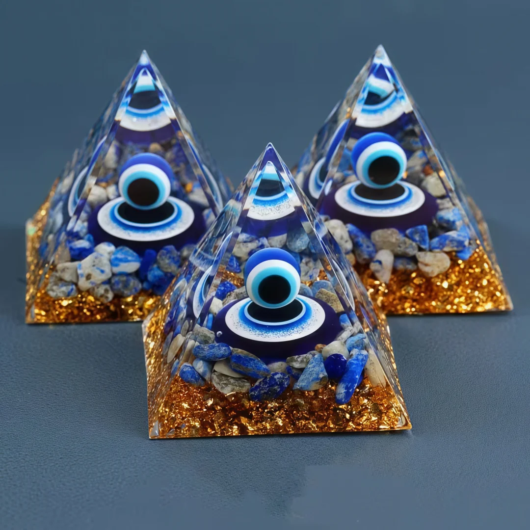 Lapis Lazuli Böser Blick Orgon-Pyramide - Natürliche Kristallsplitter & Harzkugel zur Dekoration, Heimdekoration, Augen des Teufels – Detail 5