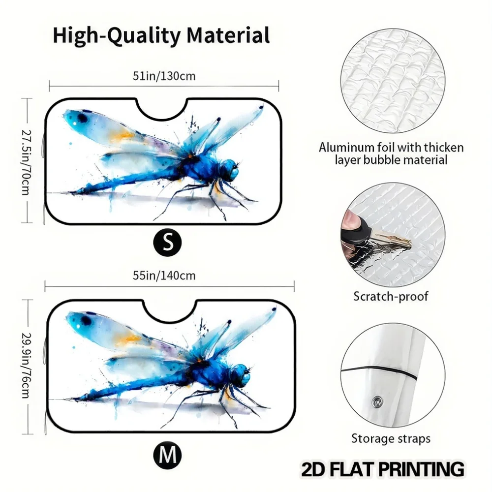2D Flat Printing, 1pc Blue Dragonfly Print Car Windshield Sunshade, Foldable Sun Visor, Keeps Vehicle Interior Cool, Perfect For