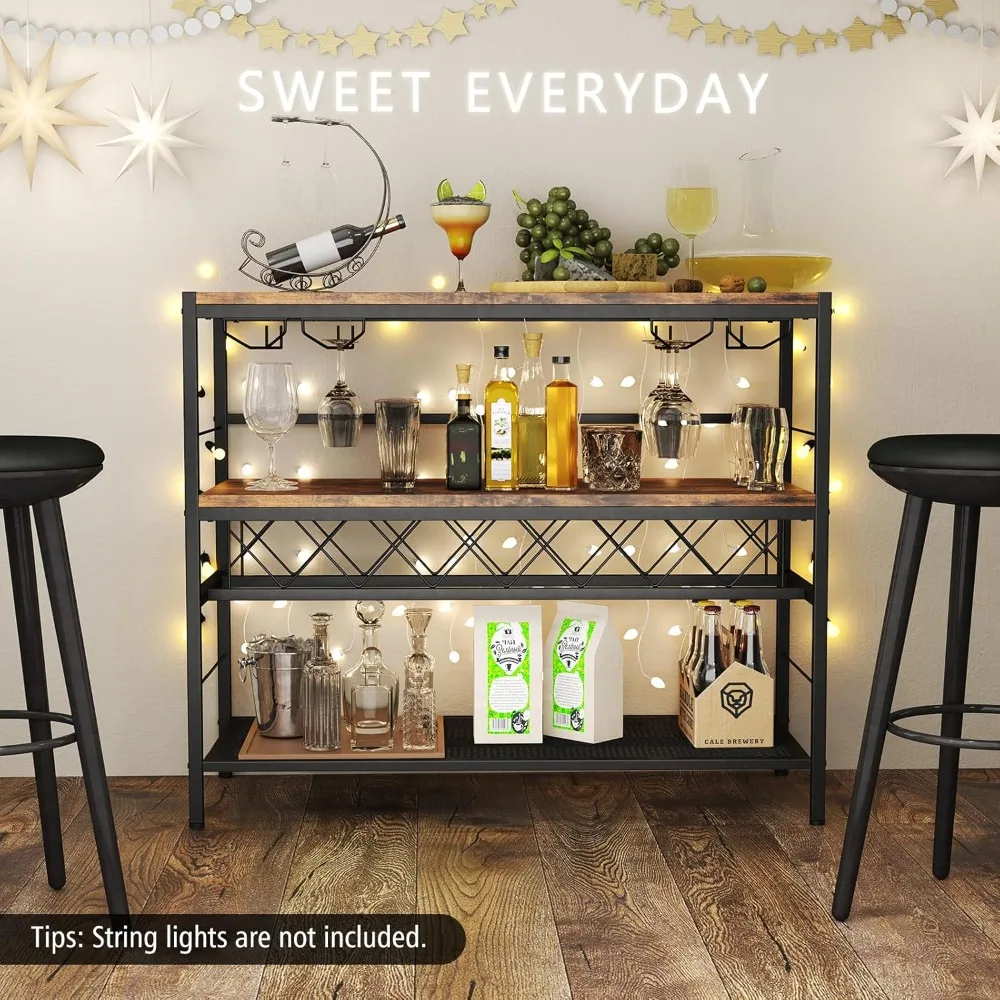 ชั้นวางไวน์ 4 ชั้น - ตู้เก็บไวน์แบบมีบาร์ 7 ขวด พร้อมชั้นวาง 4 ชั้น และที่วางแก้ว 16 ชิ้น ชั้นวางเก็บไวน์โลหะ