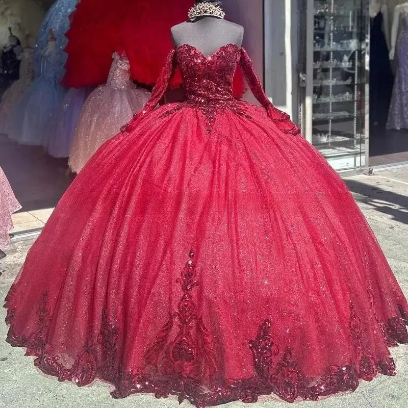 

Glitter Red Mexican Quinceanera Dresses Off The Shoulder Applique Tulle Long Sleeves Shiny Beads Party Ball Gown Customized