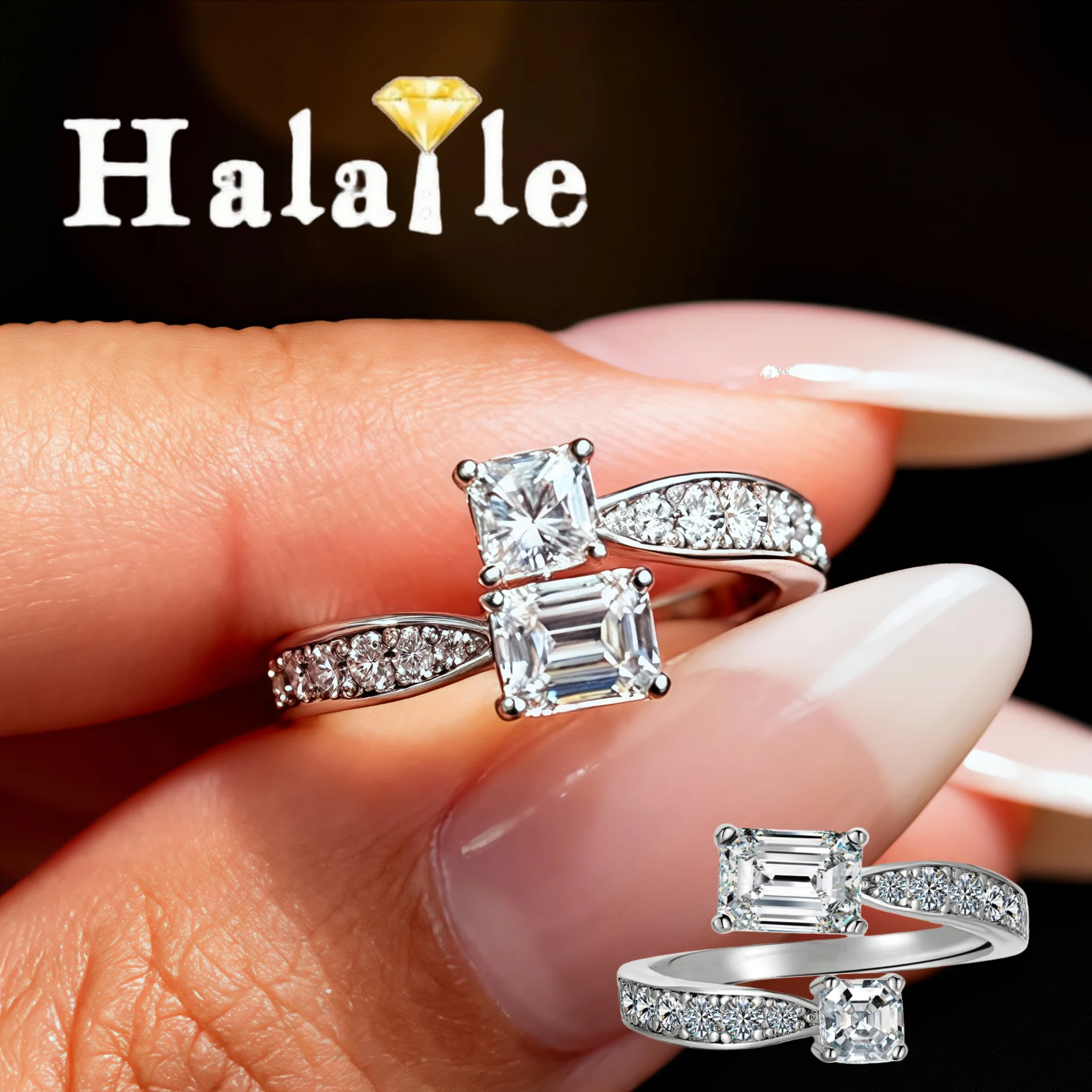 

Halaile 5*7mm All Moissanite/Emerald Cut Ring S925 Sterling Silver For Women Adjustable Light Luxury Sparkling Fine Jewelry