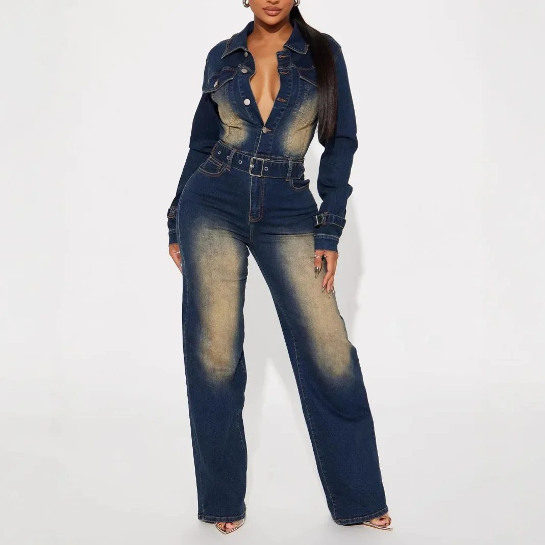 

Denim Jumpsuits Women One Piece Jeans Straight Pants Washed Belt Turn Down Collar Single Breasted Trousers Overalls Streetwear
