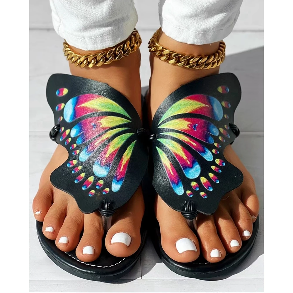 Summer Women Colorblock Butterfly Print Toe Post Slipper Casual Design Outdoor Beach Sandals Shoes Going Out Summer Shoes
