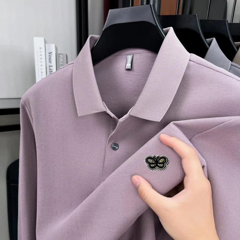 

100% Хлопок мужская polo рубашка длинными рукавами осень новый модный бренд бабочка тиснение высококачественный комфортабельный Перевернутый воротник футболка