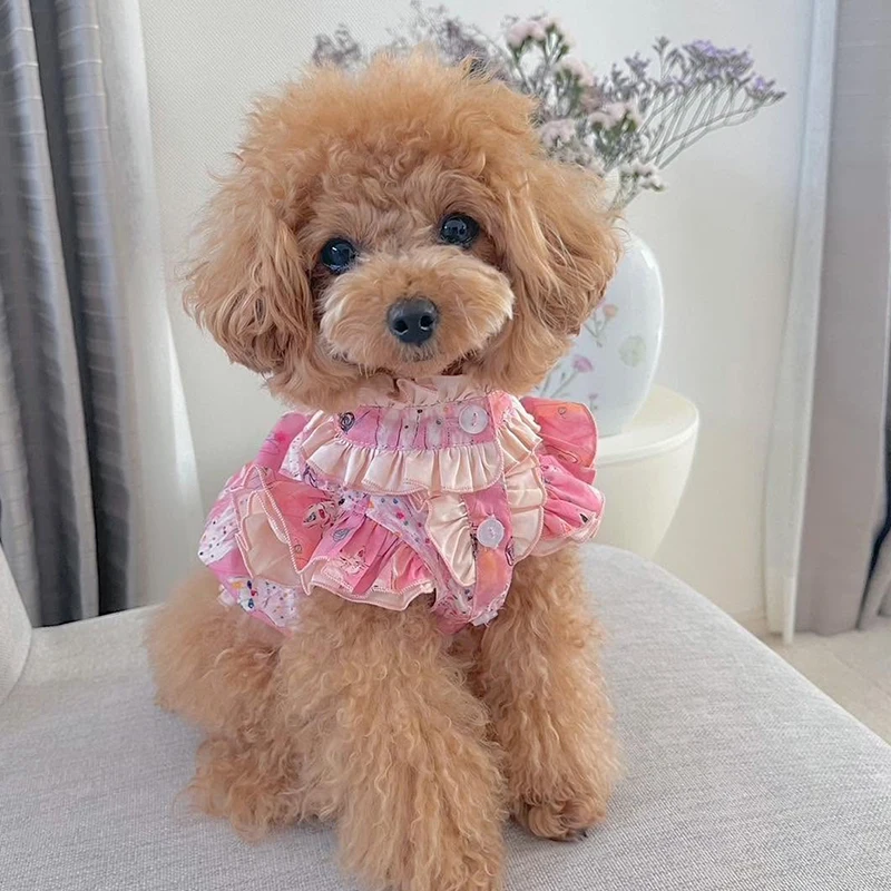 

Роскошное платье для собаки в стиле принцессы, розовое, с рюшами и принтом котят, для маленьких собак-девочек, праздничная одежда для питомцев